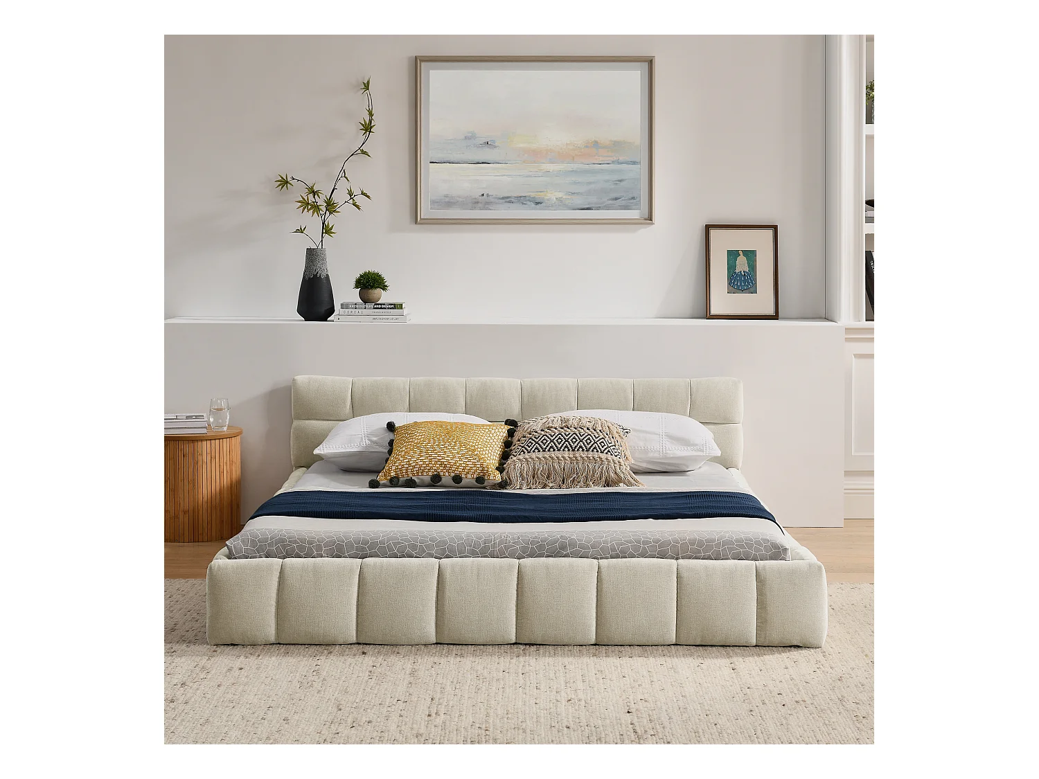 Letto matrimoniale beige per adulti 160x200cm, trapuntato quadrato, tessuto ciniglia, legno + metallo