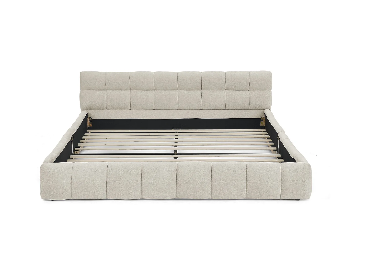 Letto matrimoniale beige per adulti 160x200cm, trapuntato quadrato, tessuto ciniglia, legno + metallo