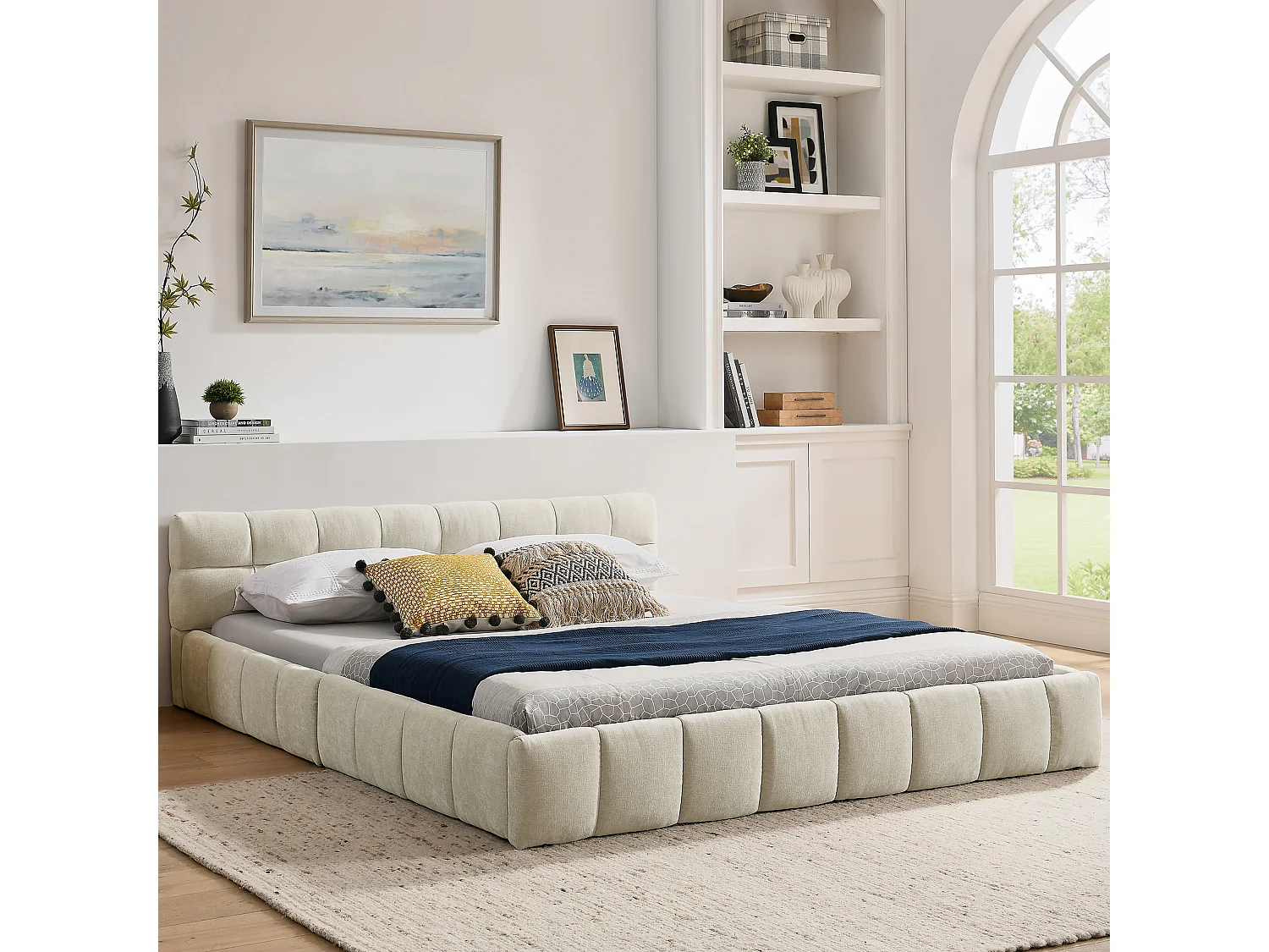 Lit double adulte beige 160x200cm, matelassé carré, tissu chenille, bois + métal