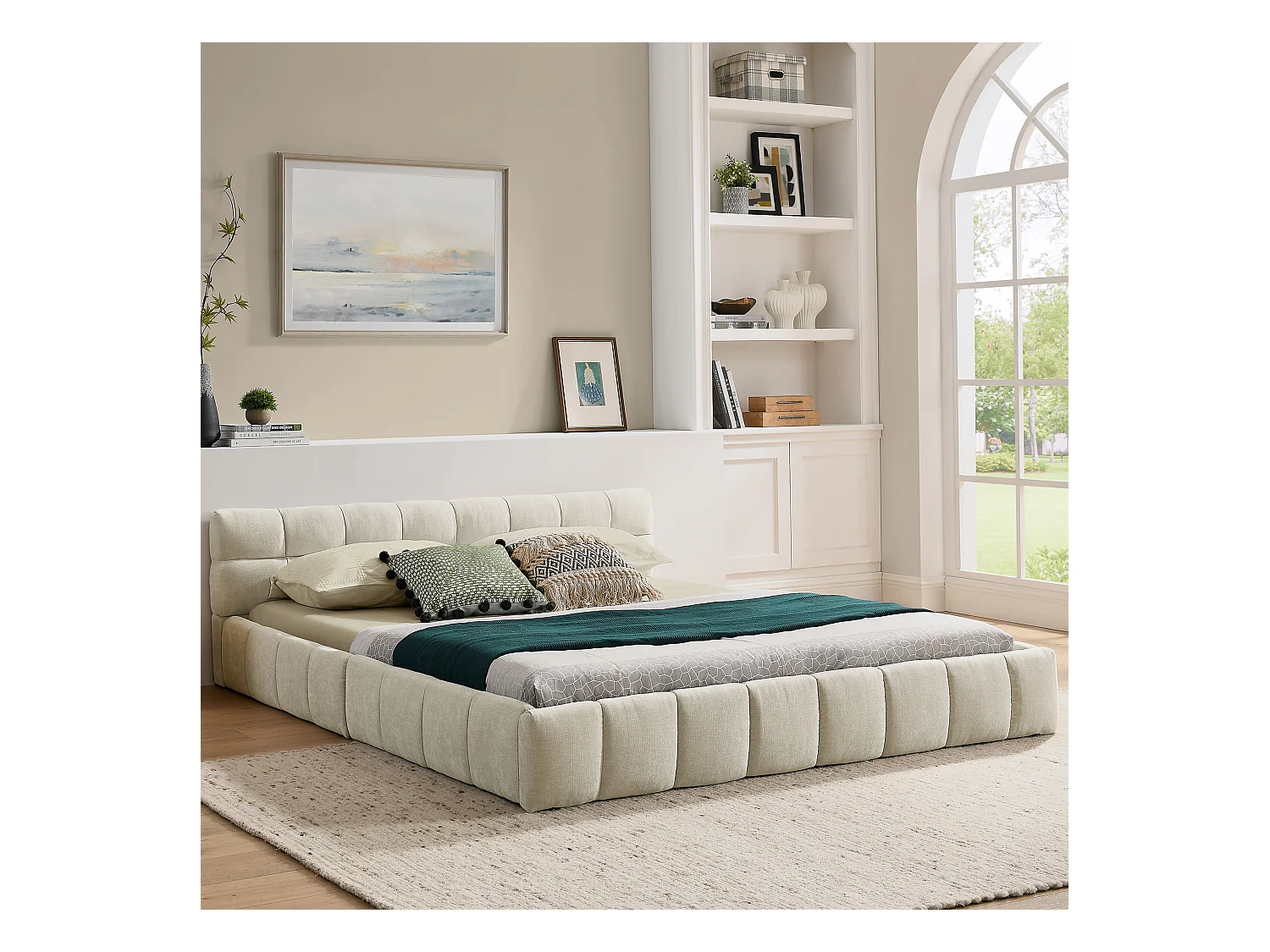 Letto matrimoniale beige 140x200cm, trapuntato quadrato, tessuto ciniglia, legno + metallo