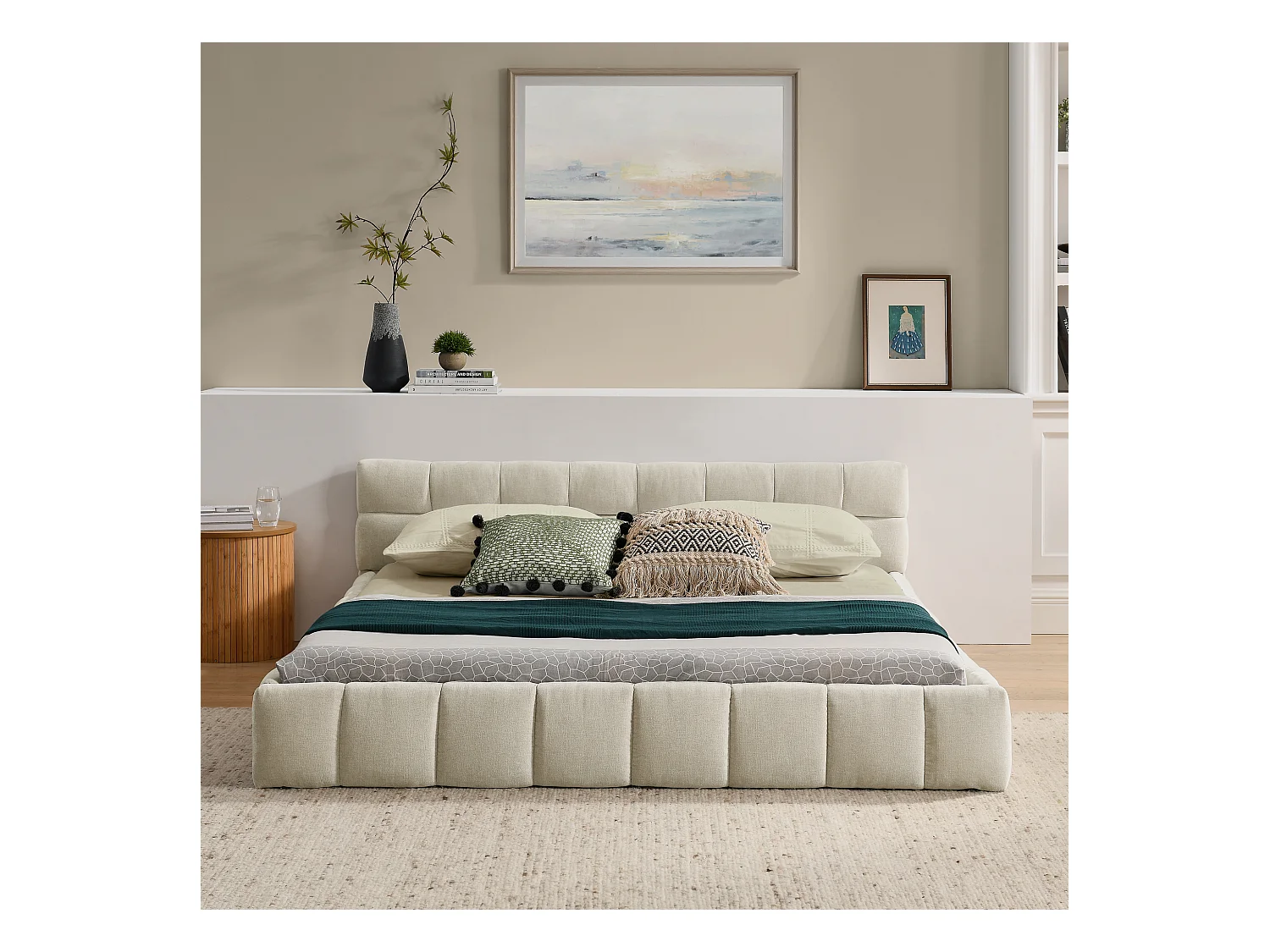 Letto matrimoniale beige 140x200cm, trapuntato quadrato, tessuto ciniglia, legno + metallo