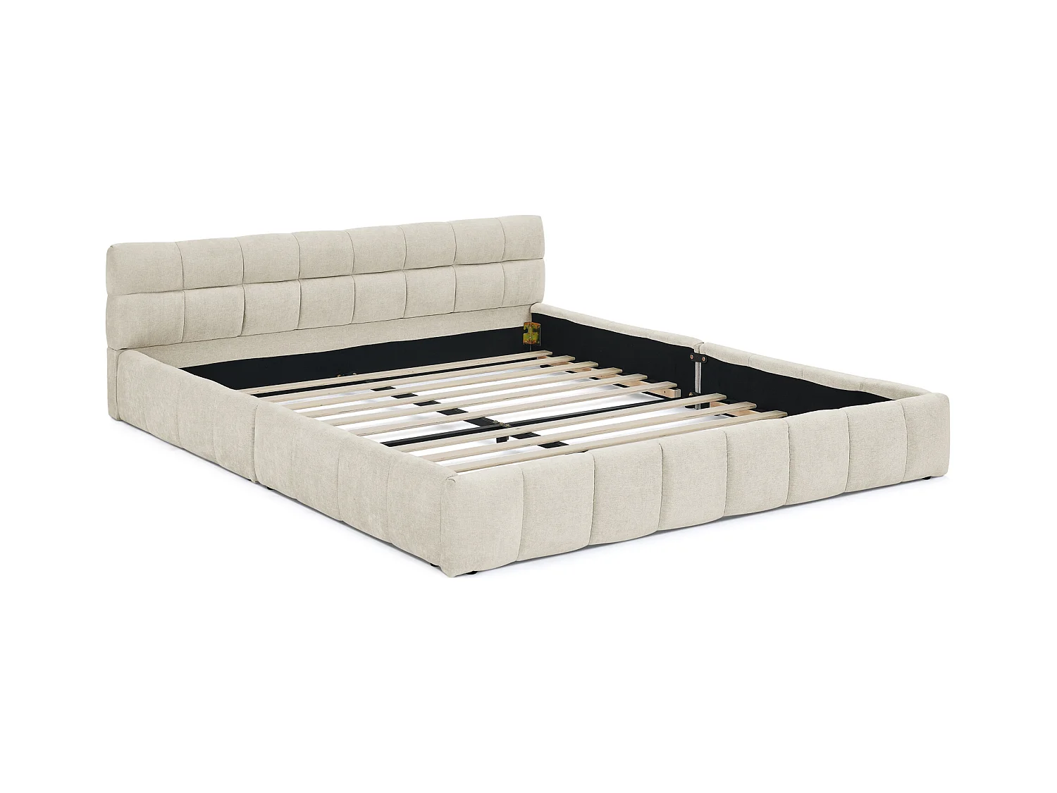 Letto matrimoniale beige 140x200cm, trapuntato quadrato, tessuto ciniglia, legno + metallo