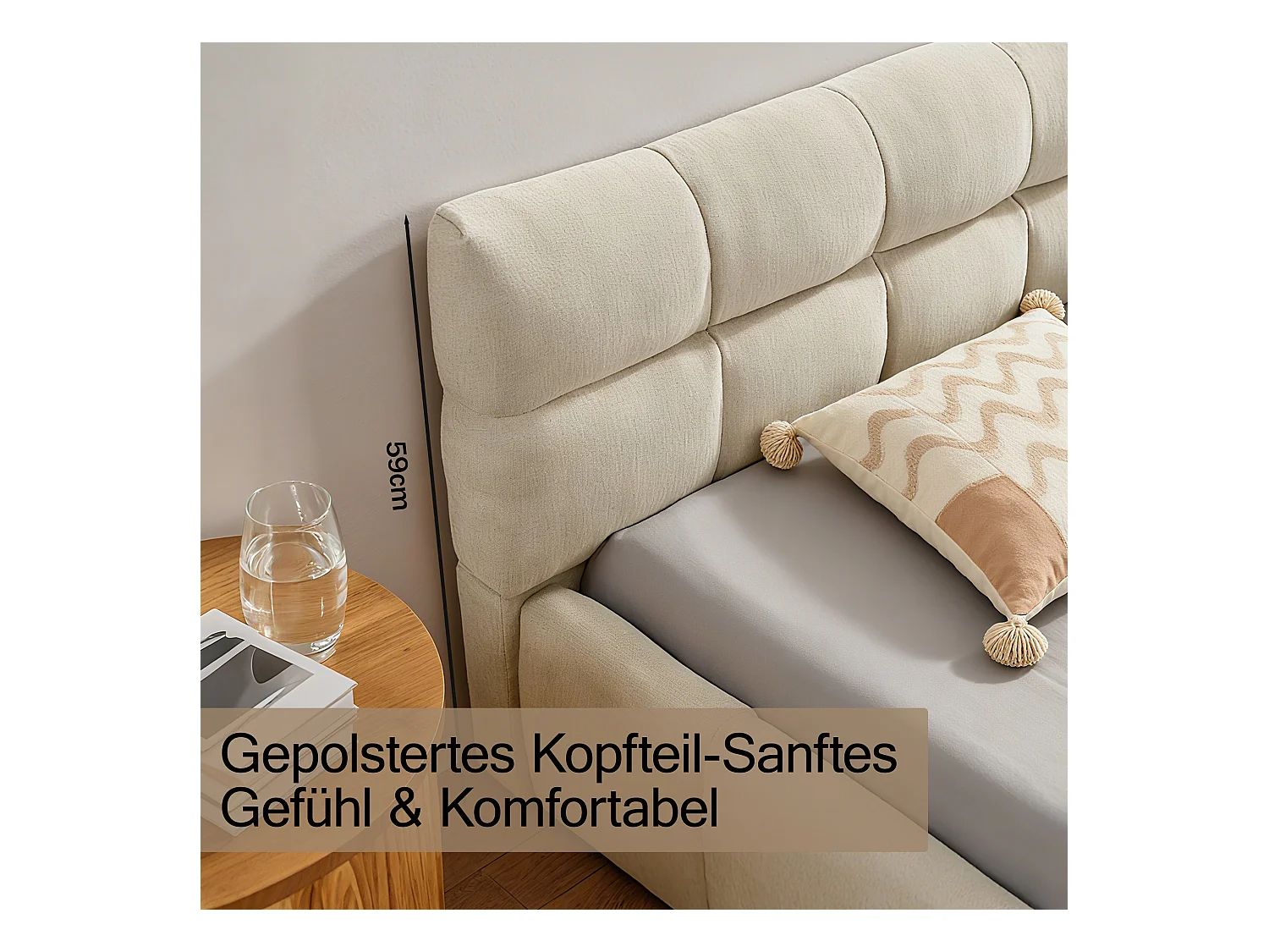 Letto matrimoniale beige 140x200cm, trapuntato quadrato, tessuto ciniglia, legno + metallo