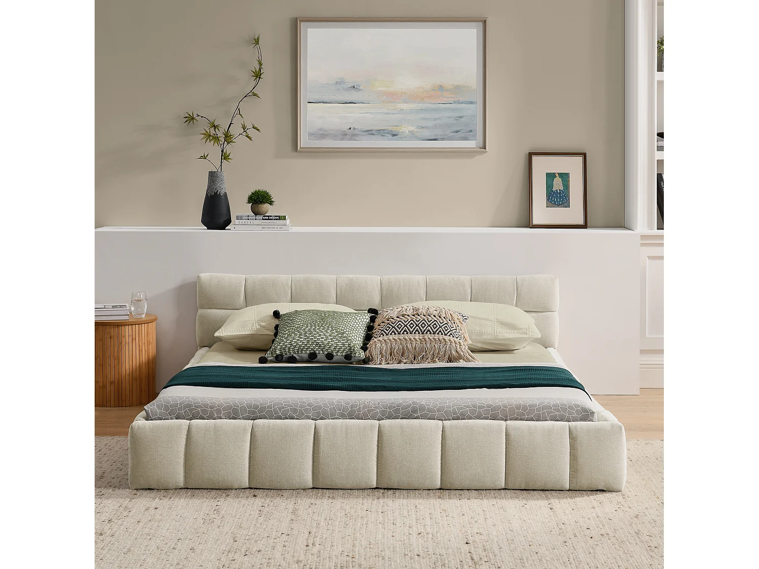 Lit double beige 140x200cm, matelassé carré, tissu chenille, bois + métal