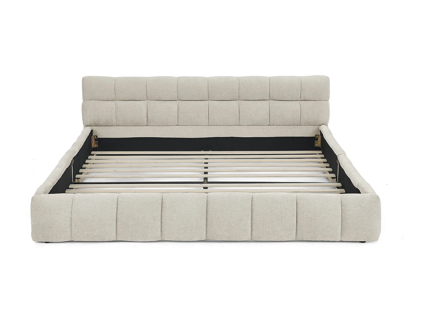 Lit double beige 140x200cm, matelassé carré, tissu chenille, bois + métal