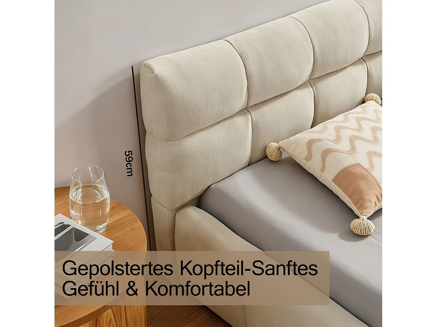 Lit double beige 140x200cm, matelassé carré, tissu chenille, bois + métal