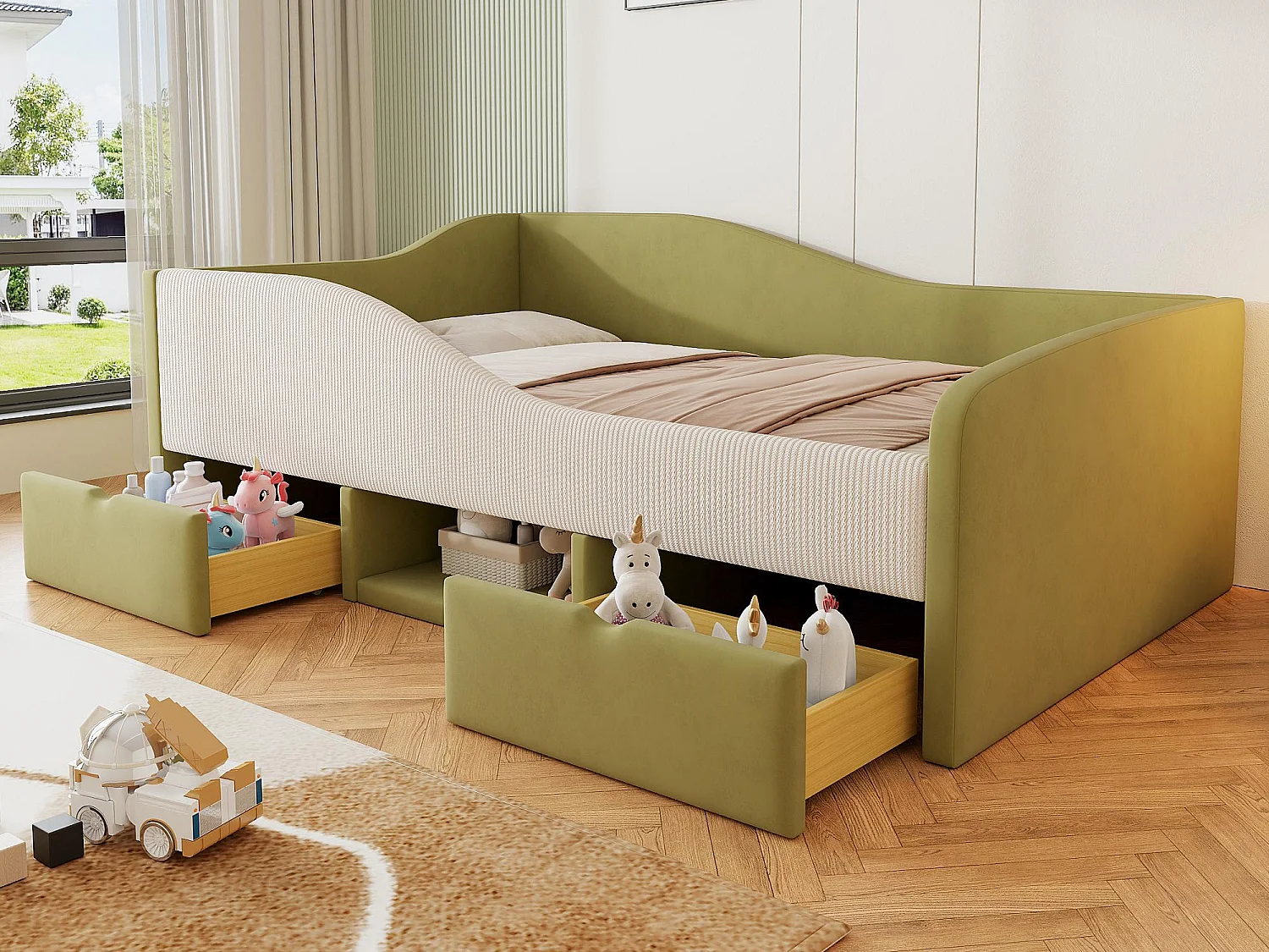 Gepolstertes Kinderbett 90x190 cm - mit 2 Schubladen - mit Lattenrost - Grün (Matratze nicht inbegriffen)