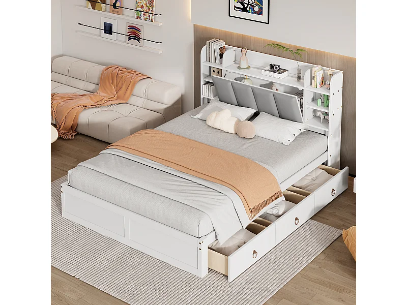 Lit double adulte 140x200cm avec 3 tiroirs et rangement, pin + MDF, blanc + gris, sans matelas