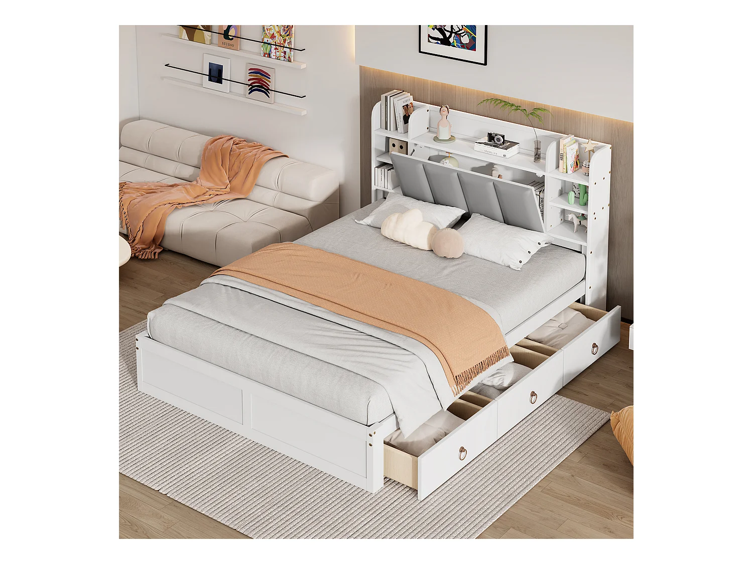Letto matrimoniale per adulti 140x200cm con 3 cassetti e contenitore, pino + MDF, bianco + grigio, senza materasso