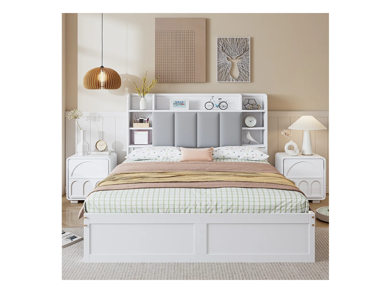 Letto matrimoniale per adulti 140x200cm con 3 cassetti e contenitore, pino + MDF, bianco + grigio, senza materasso