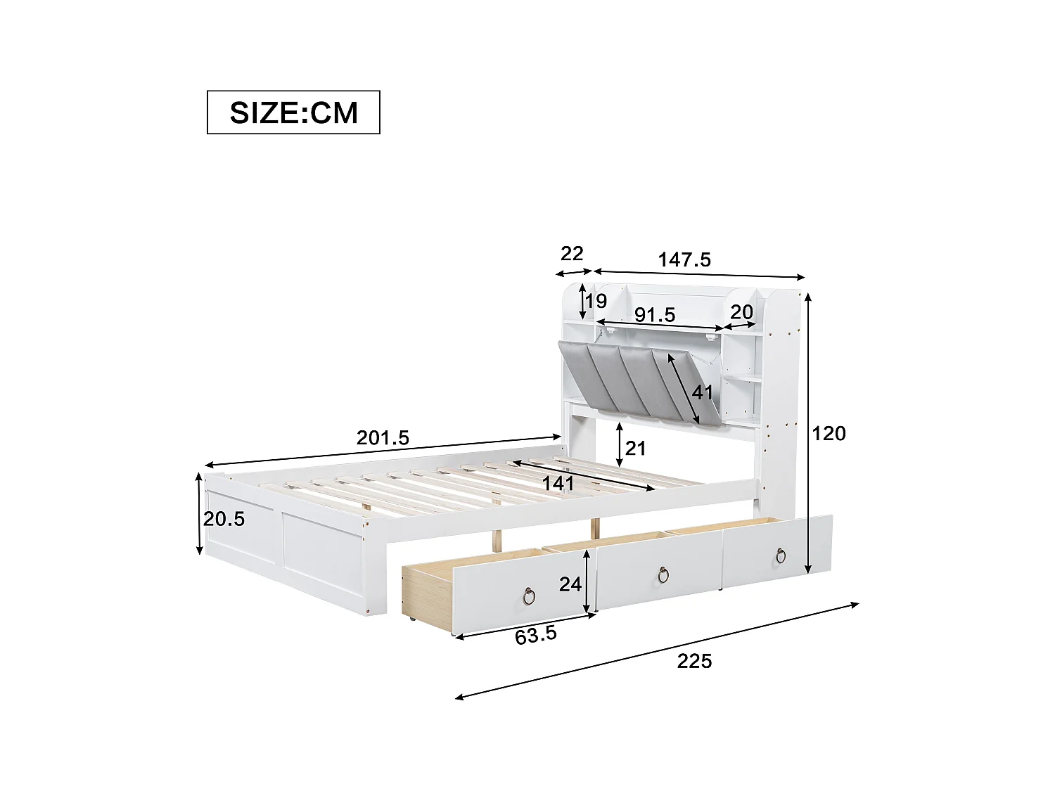 Letto matrimoniale per adulti 140x200cm con 3 cassetti e contenitore, pino + MDF, bianco + grigio, senza materasso