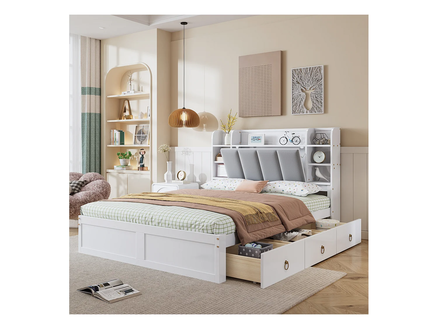 Letto matrimoniale per adulti 140x200cm con 3 cassetti e contenitore, pino + MDF, bianco + grigio, senza materasso