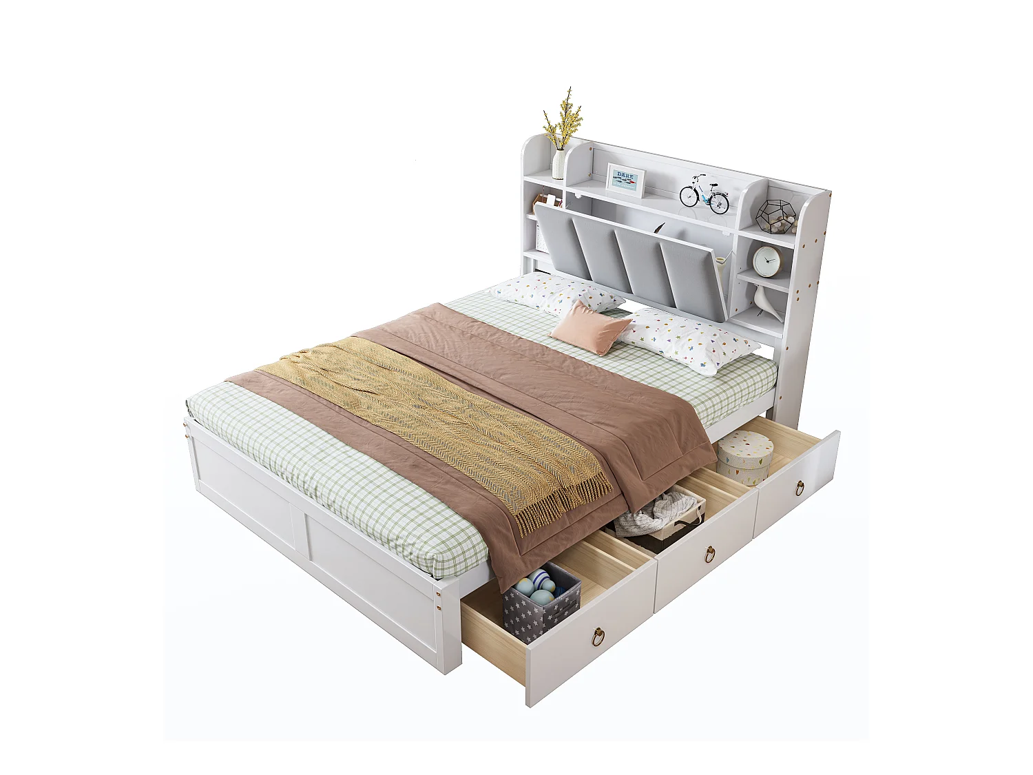 Letto matrimoniale per adulti 140x200cm con 3 cassetti e contenitore, pino + MDF, bianco + grigio, senza materasso