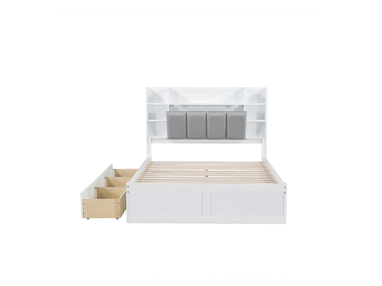 Letto matrimoniale per adulti 140x200cm con 3 cassetti e contenitore, pino + MDF, bianco + grigio, senza materasso