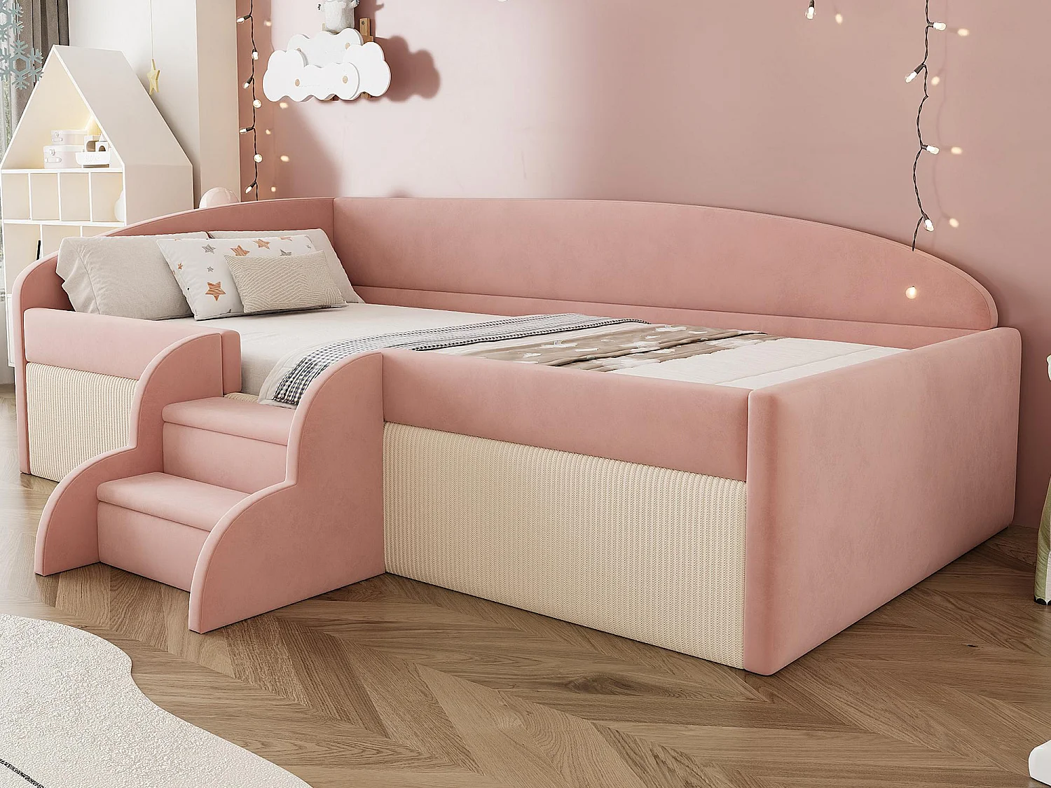 Gepolstertes Schlafsofa 90x190 cm - mit 2 Stufen - mit Lattenrost - ​​Rosa​​ (Matratze nicht inbegriffen)