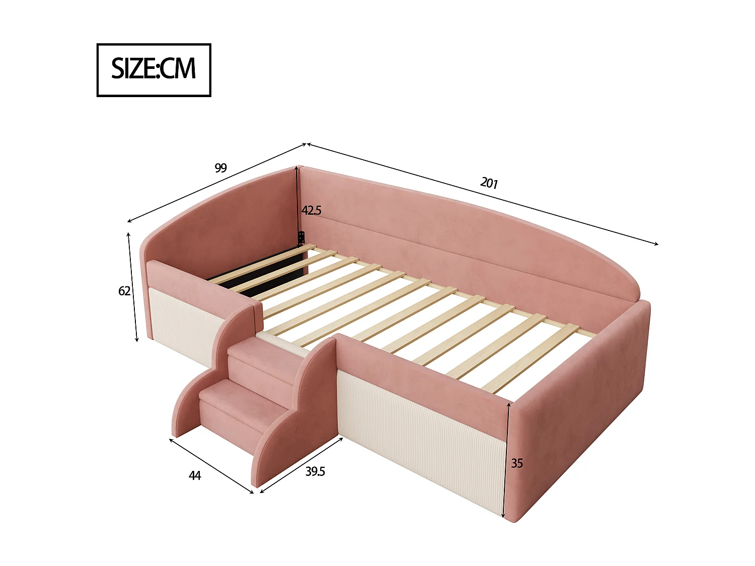Gepolstertes Schlafsofa 90x190 cm - mit 2 Stufen - mit Lattenrost - ​​Rosa​​ (Matratze nicht inbegriffen)