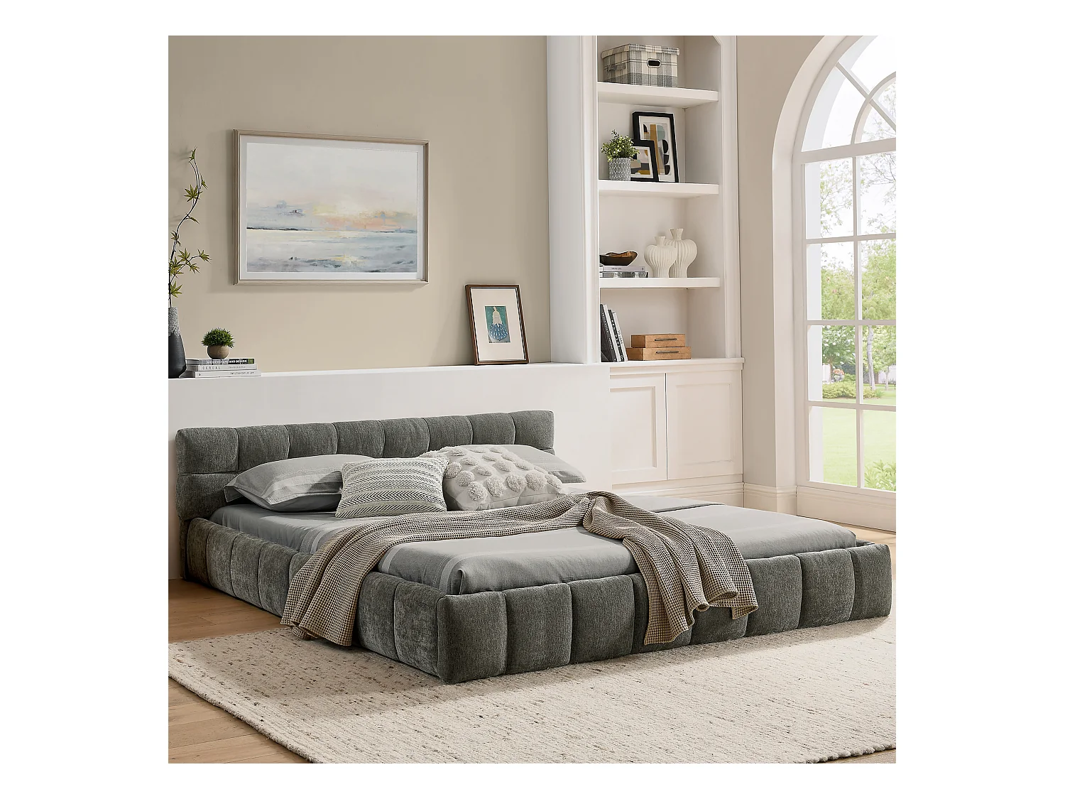 Letto matrimoniale grigio scuro 140x200cm, trapuntato a quadri, tessuto ciniglia, legno + metallo