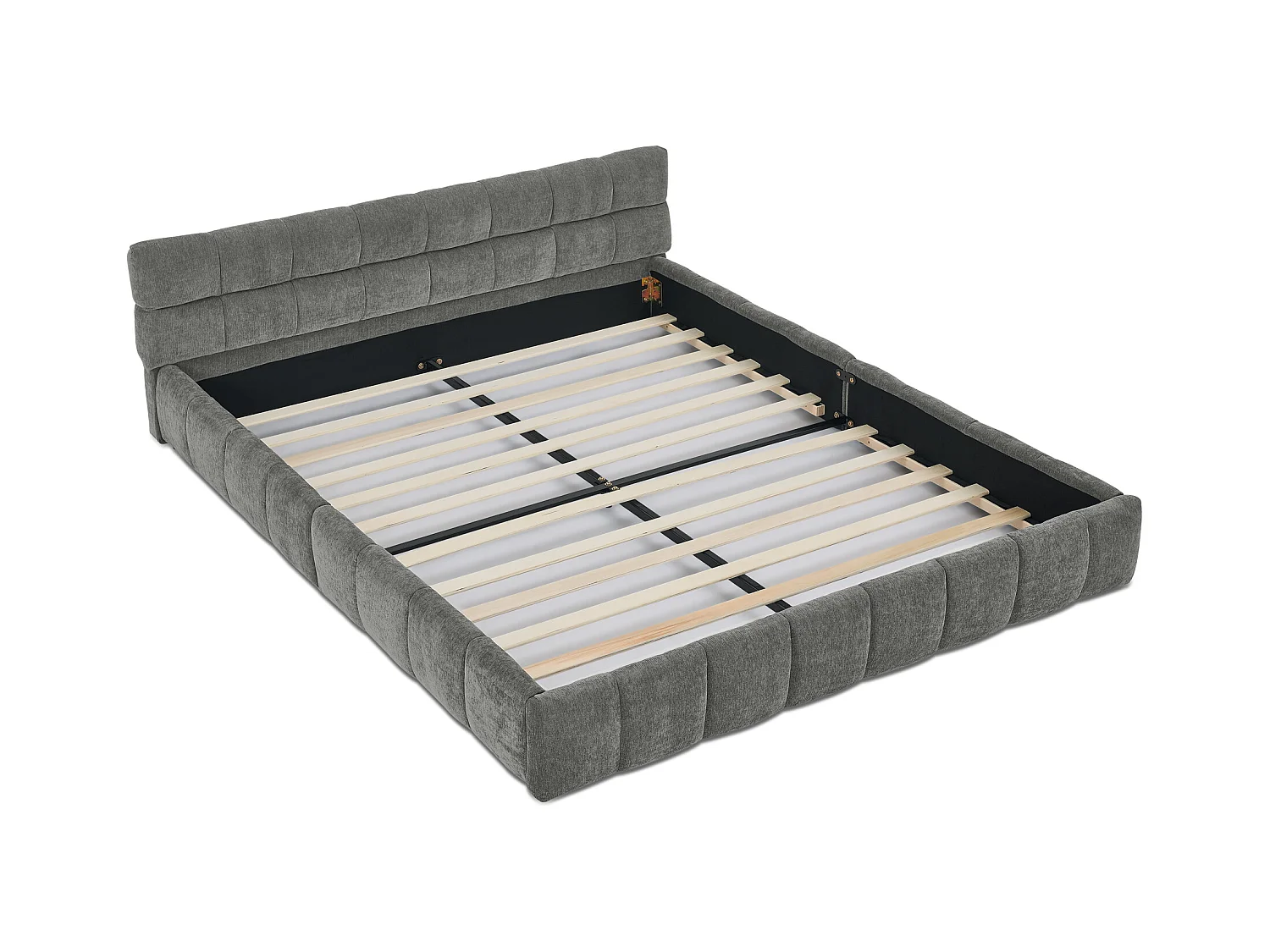 Letto matrimoniale grigio scuro 140x200cm, trapuntato a quadri, tessuto ciniglia, legno + metallo