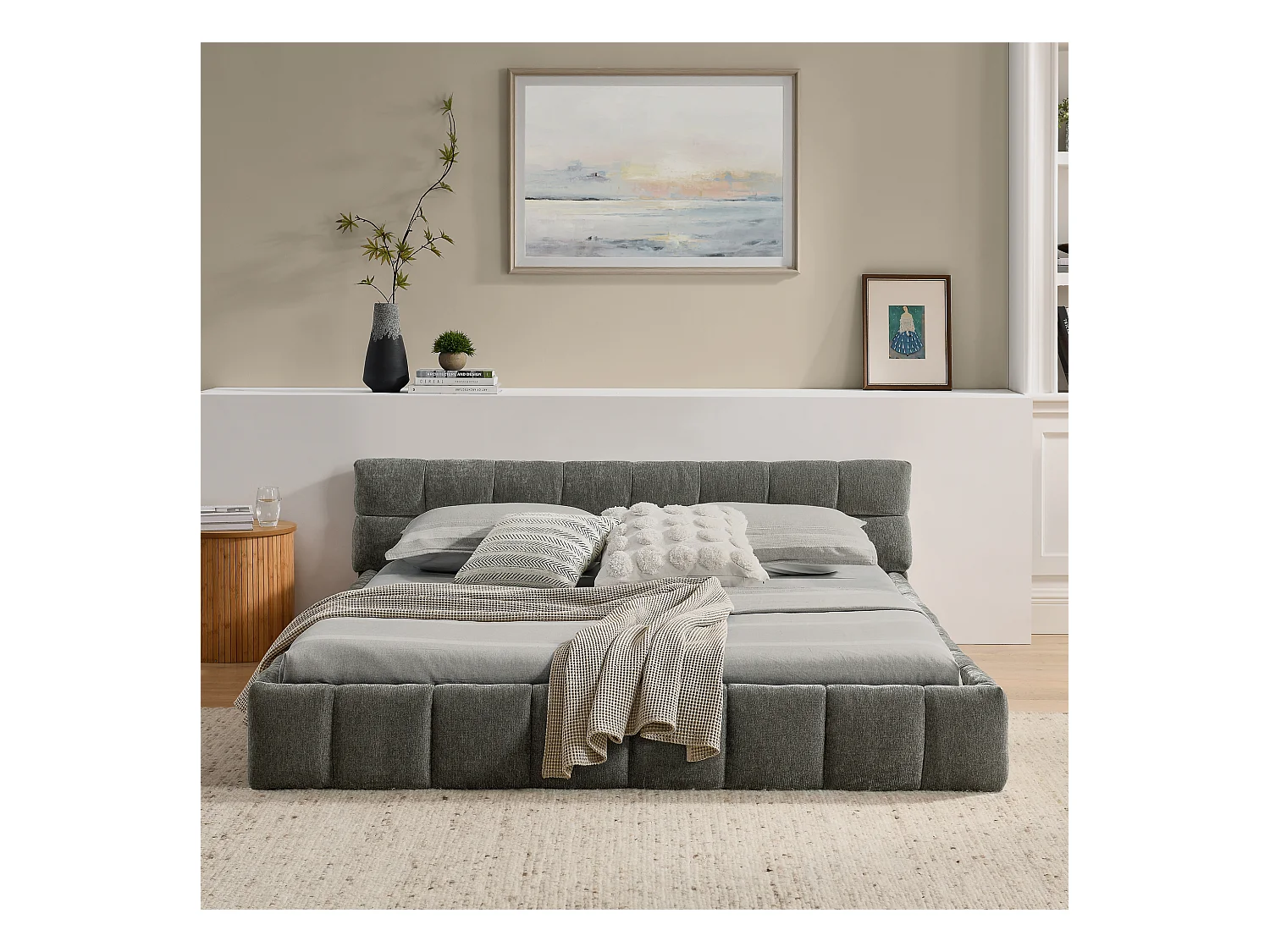 Letto matrimoniale grigio scuro 140x200cm, trapuntato a quadri, tessuto ciniglia, legno + metallo