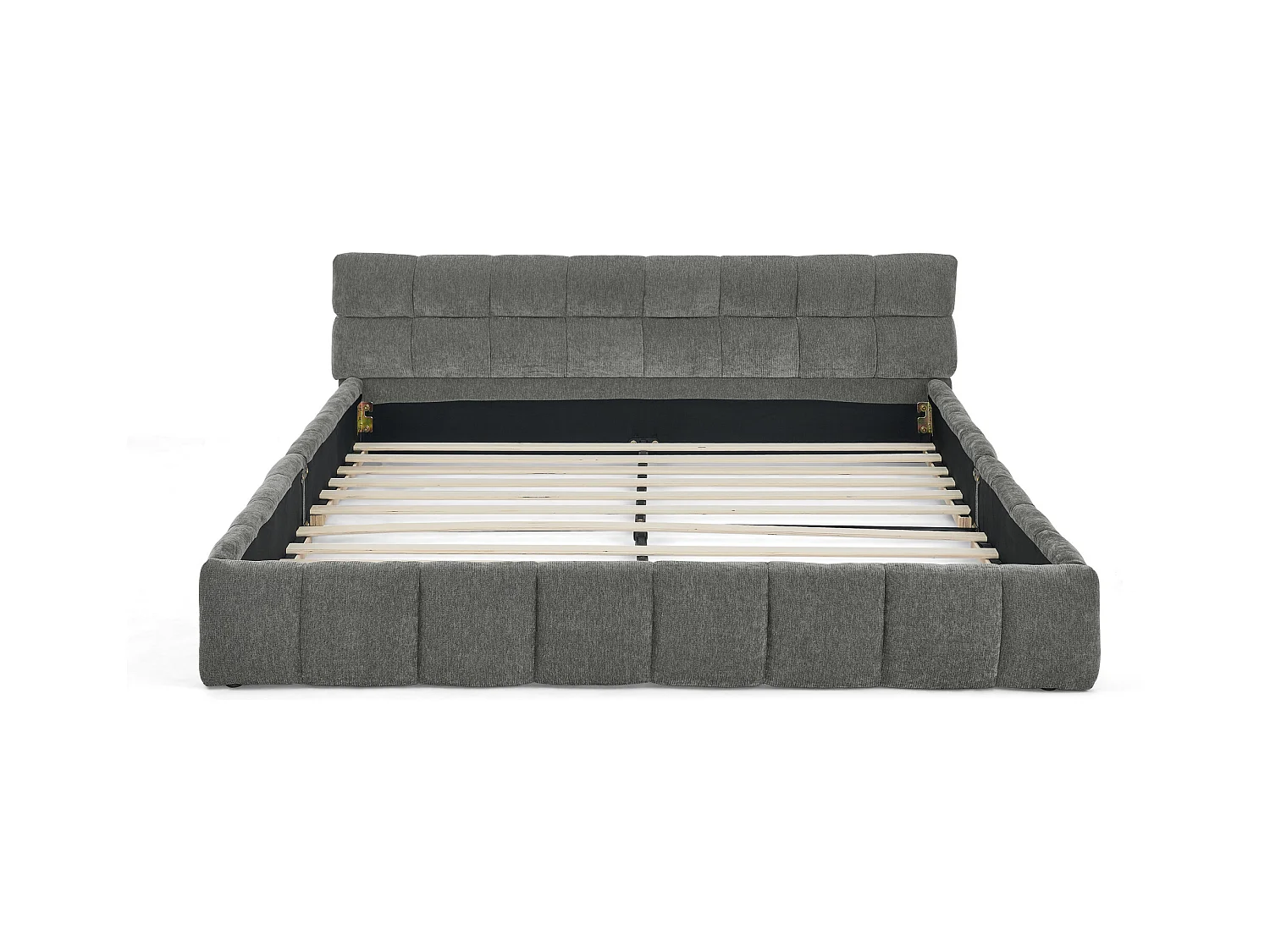 Letto matrimoniale grigio scuro 140x200cm, trapuntato a quadri, tessuto ciniglia, legno + metallo