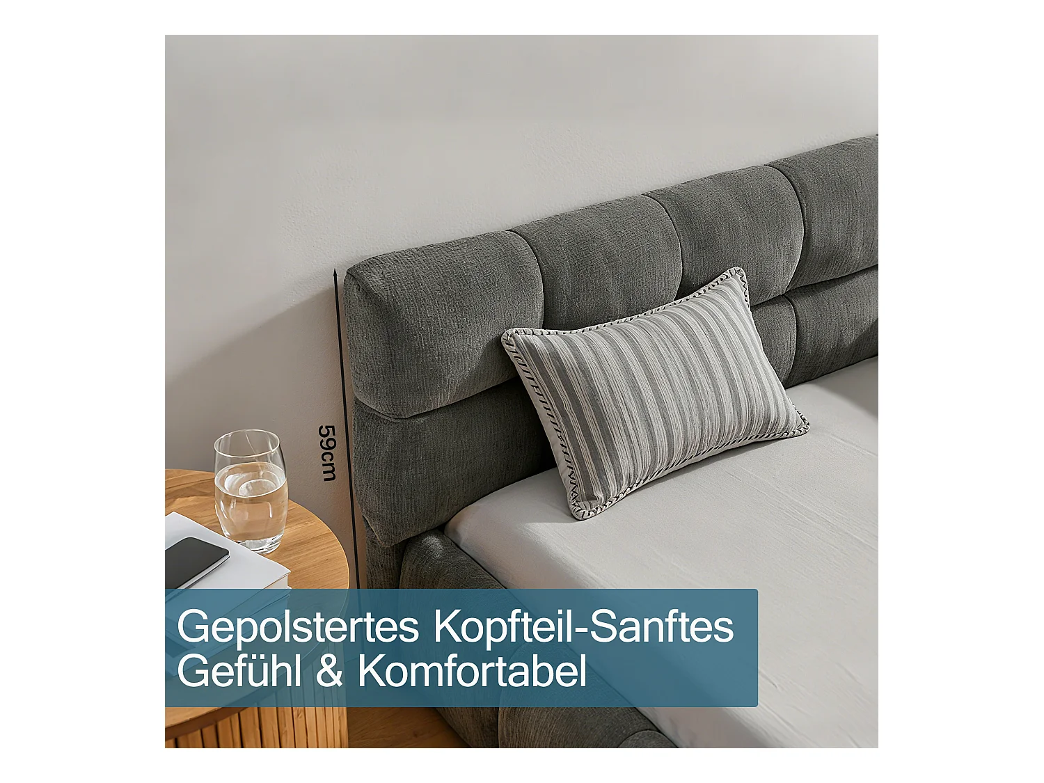 Letto matrimoniale grigio scuro 140x200cm, trapuntato a quadri, tessuto ciniglia, legno + metallo