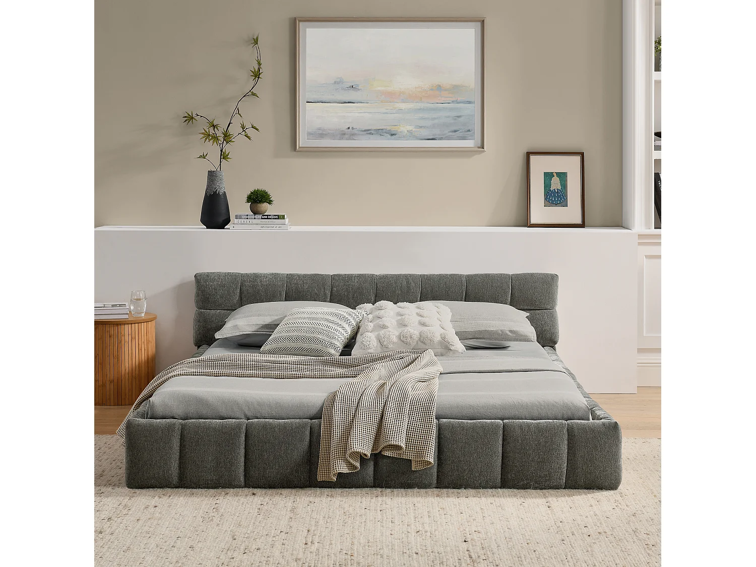 Lit double gris foncé 140x200cm, matelassé carré, tissu chenille, bois + métal