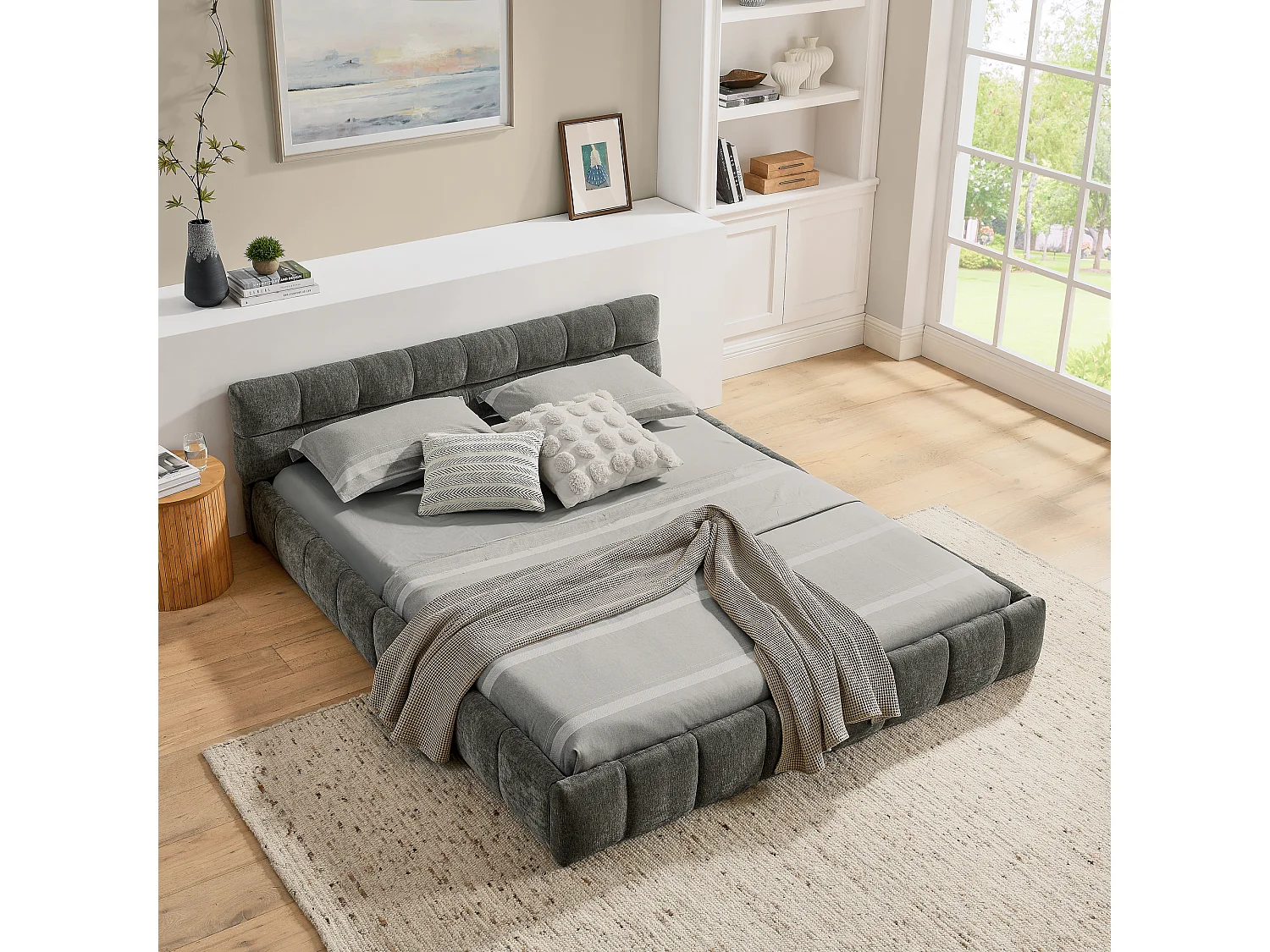 Lit double gris foncé 140x200cm, matelassé carré, tissu chenille, bois + métal