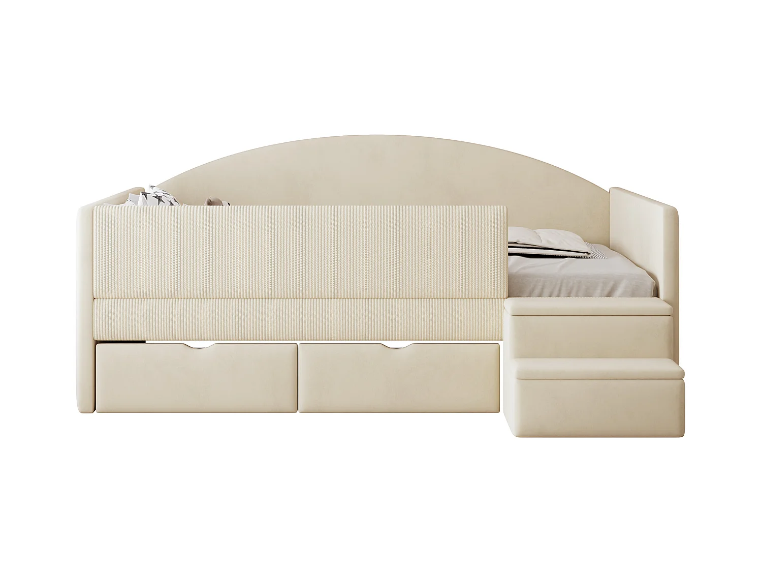 Tapicerowane łóżko dziecięce 90x190 cm - z 2 szufladami - z stopniami - welur - beżowy (materac nie jest wliczony w cenę)