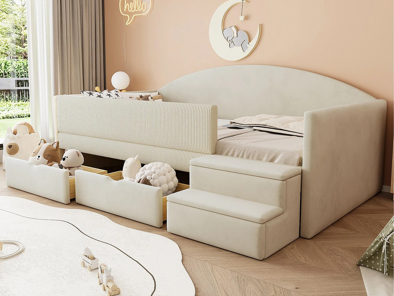 Gepolstertes Kinderbett 90x190 cm - mit 2 Schubladen - mit Stufen - Samt - beige (Matratze nicht inbegriffen)