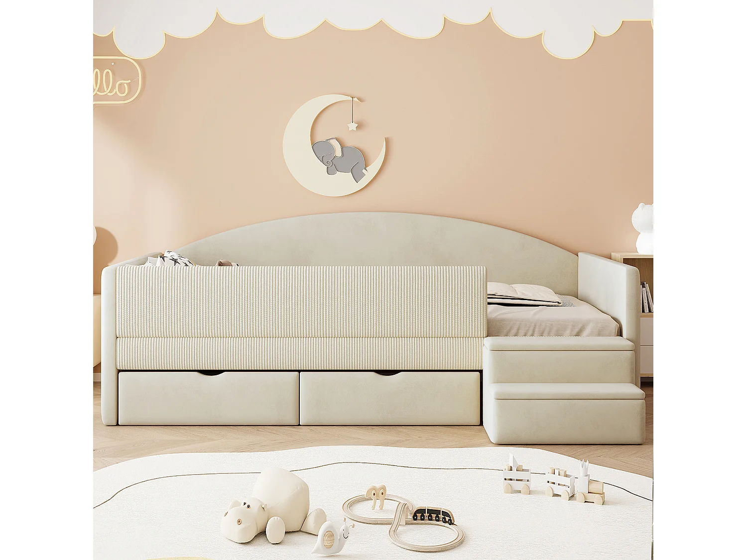 Gepolstertes Kinderbett 90x190 cm - mit 2 Schubladen - mit Stufen - Samt - beige (Matratze nicht inbegriffen)