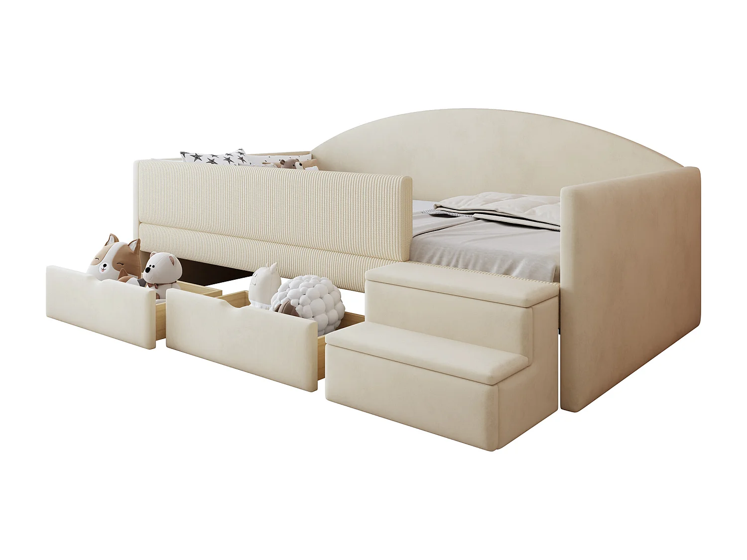 Gepolstertes Kinderbett 90x190 cm - mit 2 Schubladen - mit Stufen - Samt - beige (Matratze nicht inbegriffen)