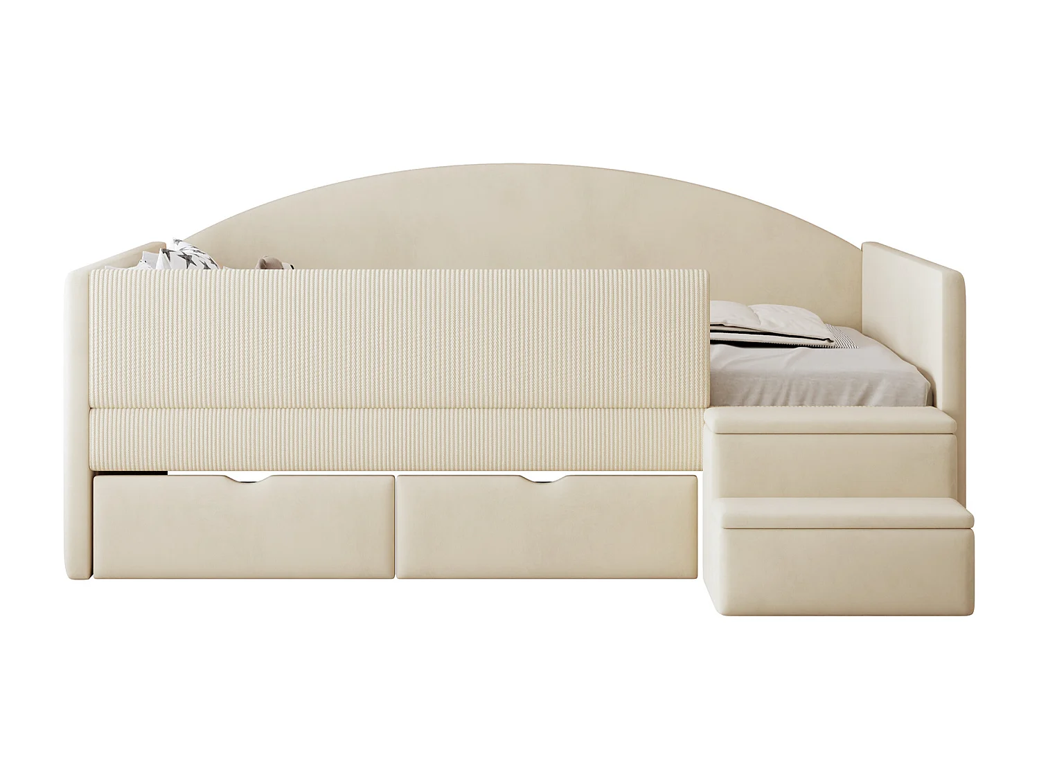 Gepolstertes Kinderbett 90x190 cm - mit 2 Schubladen - mit Stufen - Samt - beige (Matratze nicht inbegriffen)