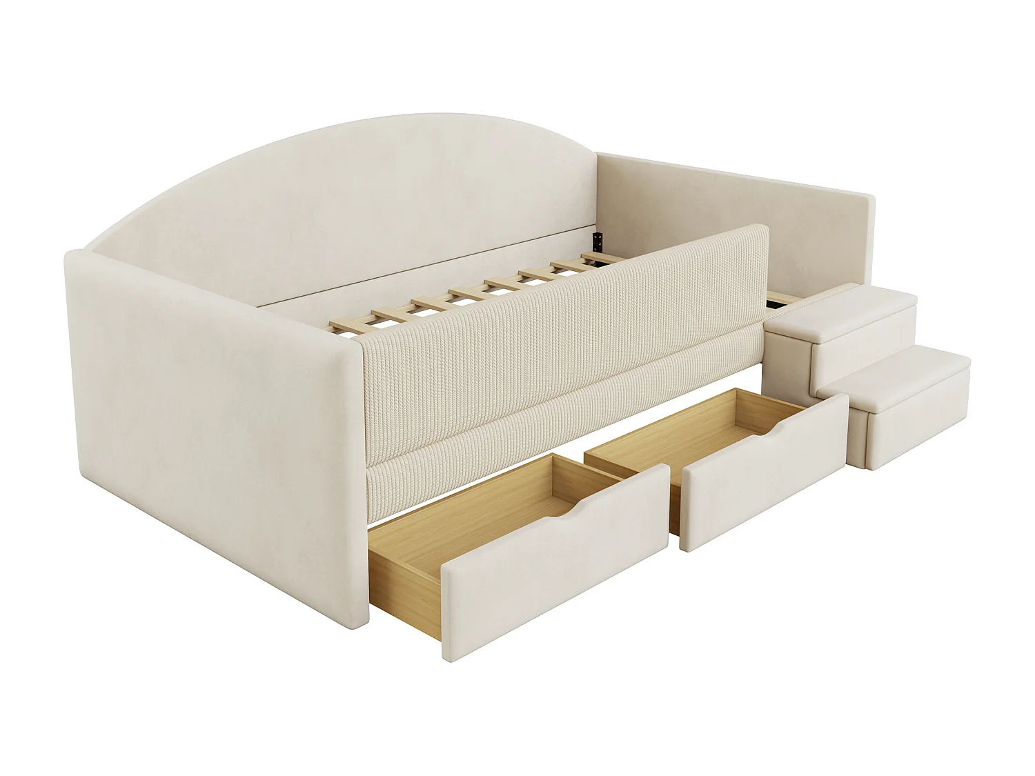 Gepolstertes Kinderbett 90x190 cm - mit 2 Schubladen - mit Stufen - Samt - beige (Matratze nicht inbegriffen)