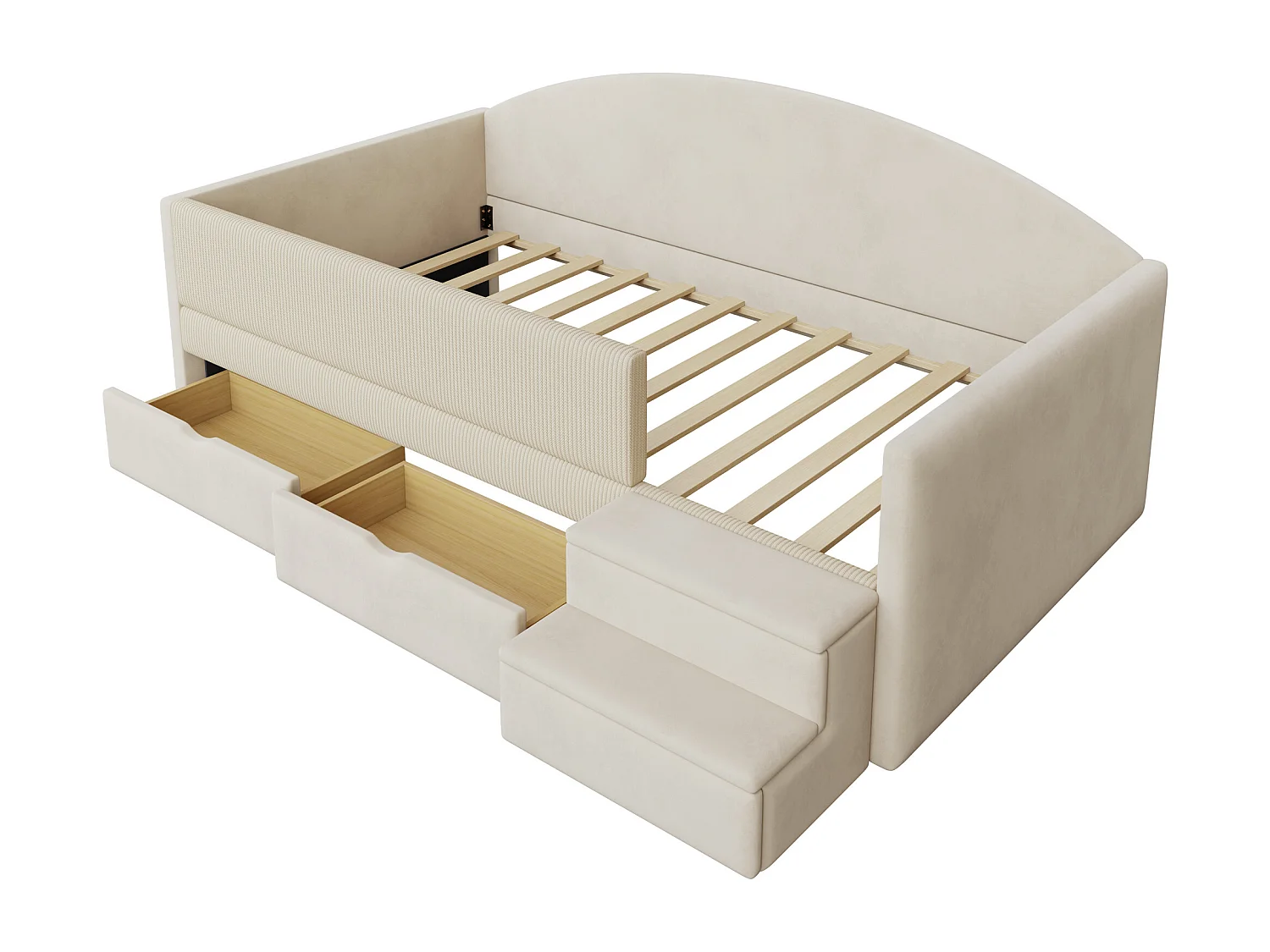 Gepolstertes Kinderbett 90x190 cm - mit 2 Schubladen - mit Stufen - Samt - beige (Matratze nicht inbegriffen)