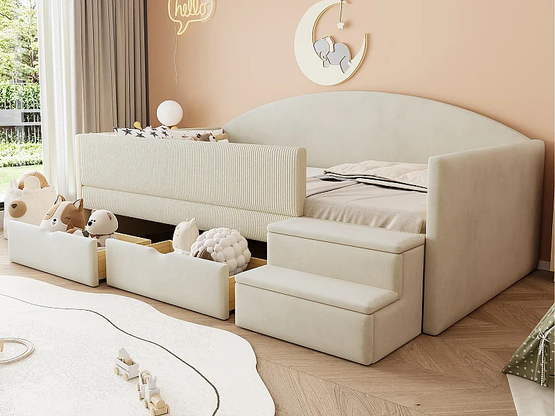 Lit enfant rembourré 90x190 cm - avec 2 tiroirs - avec marches - velours - beige (matelas non inclus)