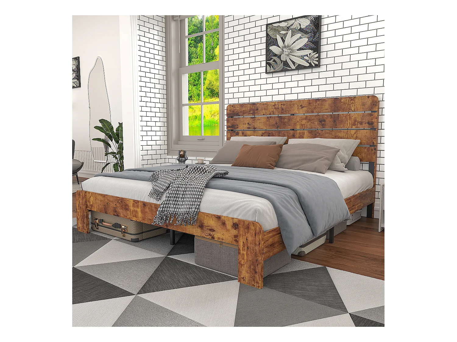 Letto matrimoniale 140x200cm con doghe in ferro e testiera alta, metallo + MDF, marrone