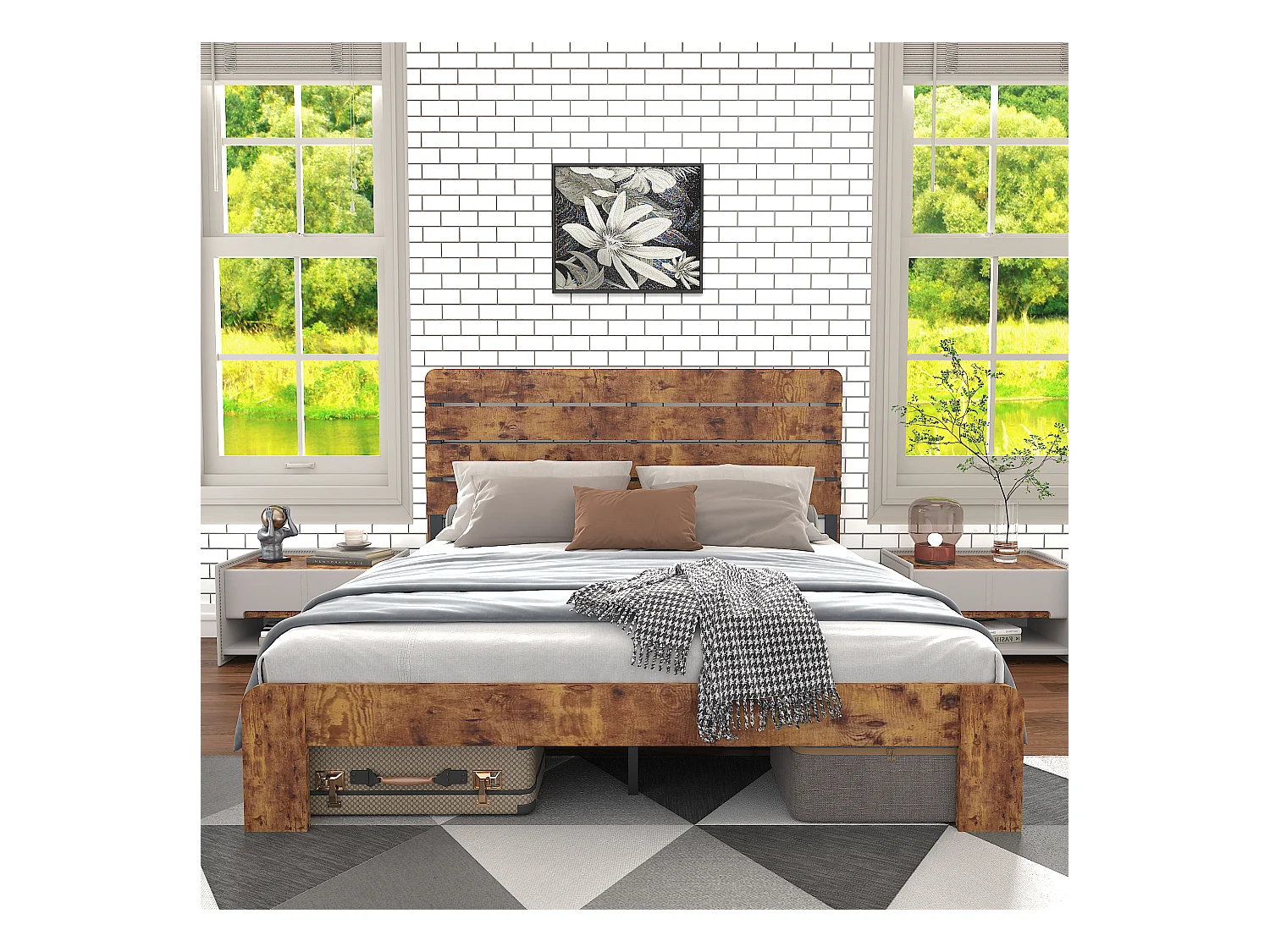 Letto matrimoniale 140x200cm con doghe in ferro e testiera alta, metallo + MDF, marrone