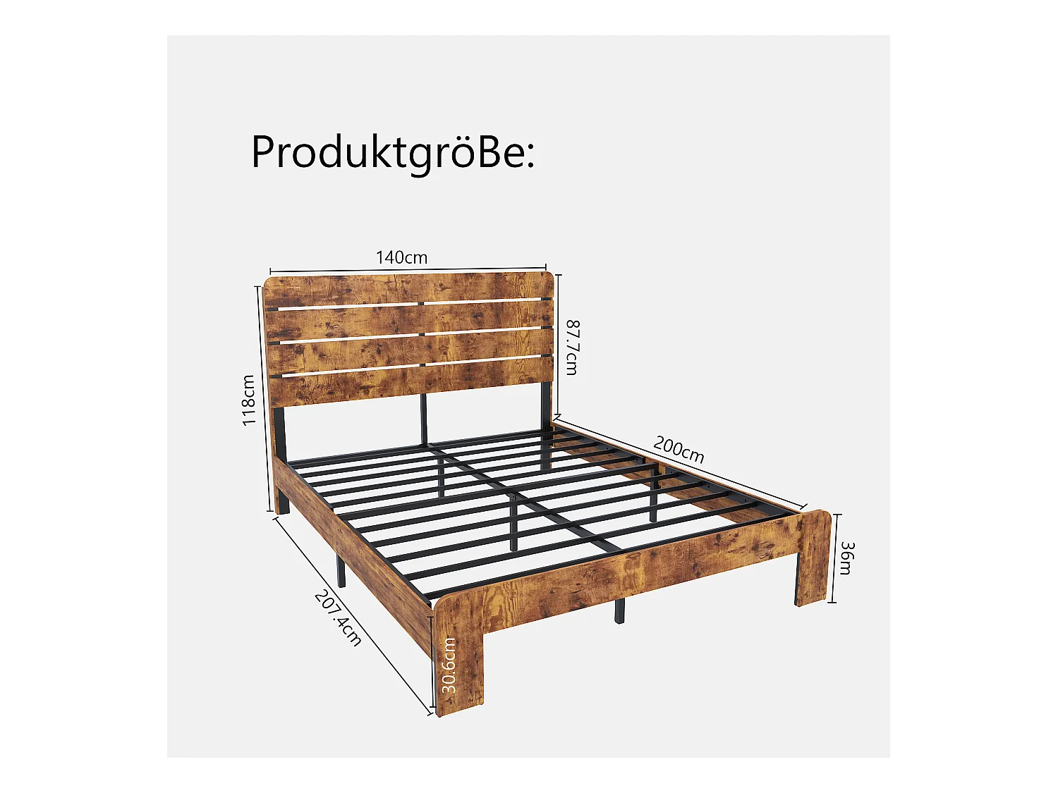 Letto matrimoniale 140x200cm con doghe in ferro e testiera alta, metallo + MDF, marrone