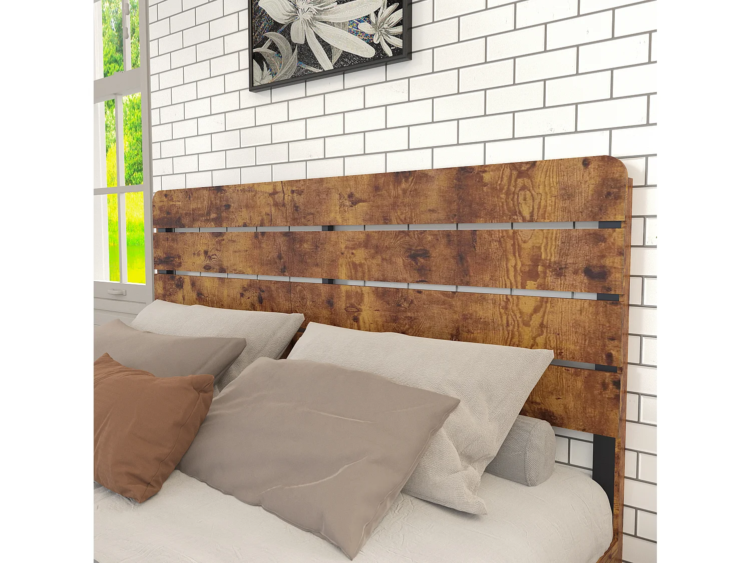 Lit double 140x200cm avec lattes en fer et tête de lit haute, métal + MDF, marron