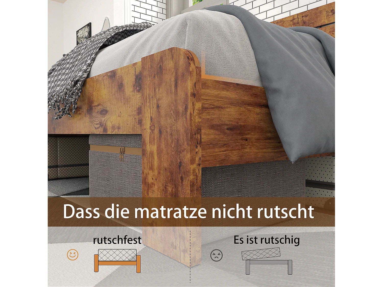 Lit double 140x200cm avec lattes en fer et tête de lit haute, métal + MDF, marron