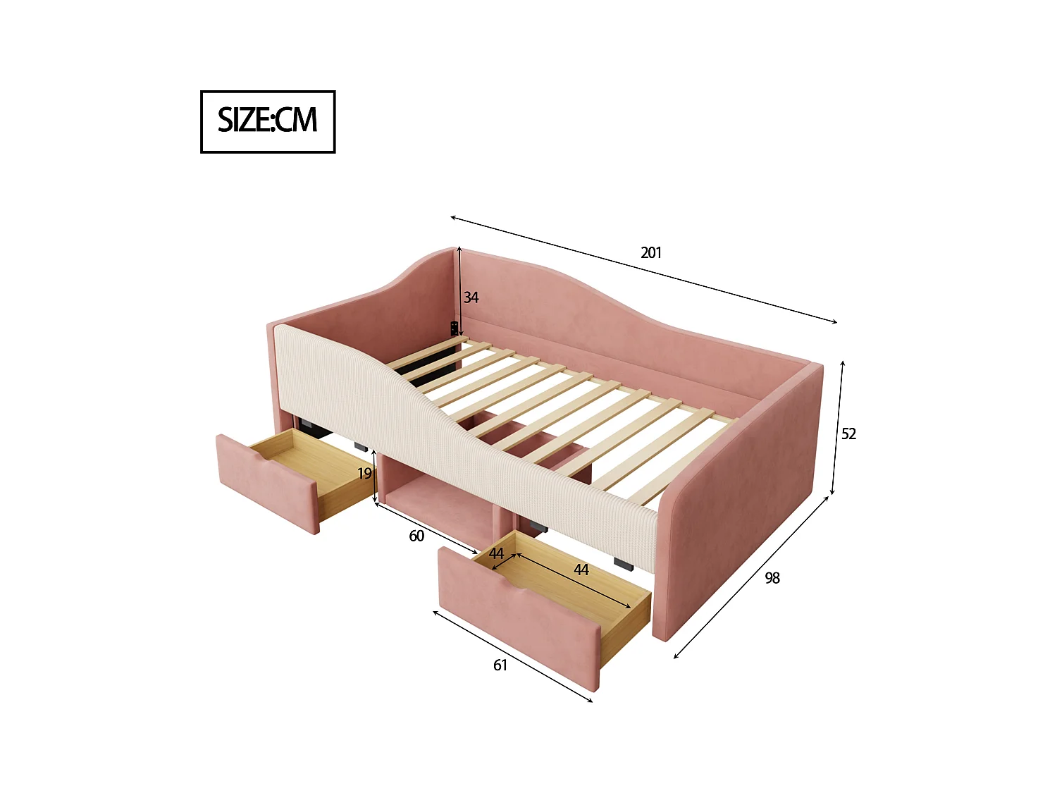 Tapicerowane łóżko dziecięce 90x190 cm - z 2 szufladami - z stelażem lamelowym - ​​Różowy​​ (materac nie jest wliczony w cenę)