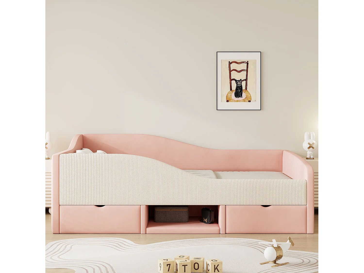 Gepolstertes Kinderbett 90x190 cm - mit 2 Schubladen - mit Lattenrost - ​​Rosa​​ (Matratze nicht inbegriffen)