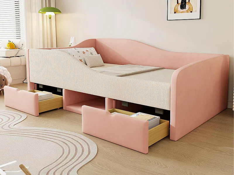 Gepolstertes Kinderbett 90x190 cm - mit 2 Schubladen - mit Lattenrost - ​​Rosa​​ (Matratze nicht inbegriffen)