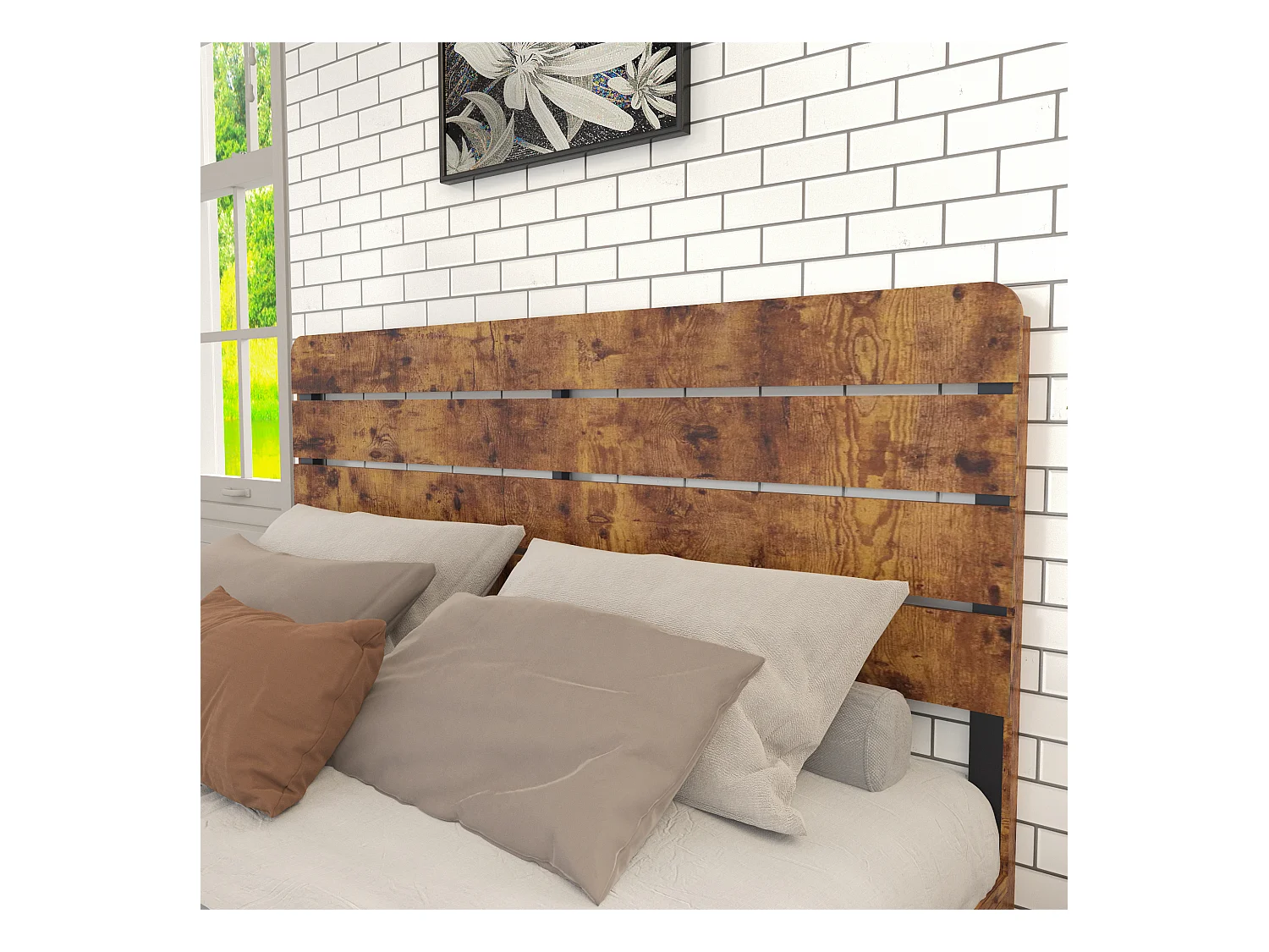 Tweepersoonsbed 160x200cm met ijzeren lattenbodem en hoog hoofdeinde, metaal + MDF, bruin