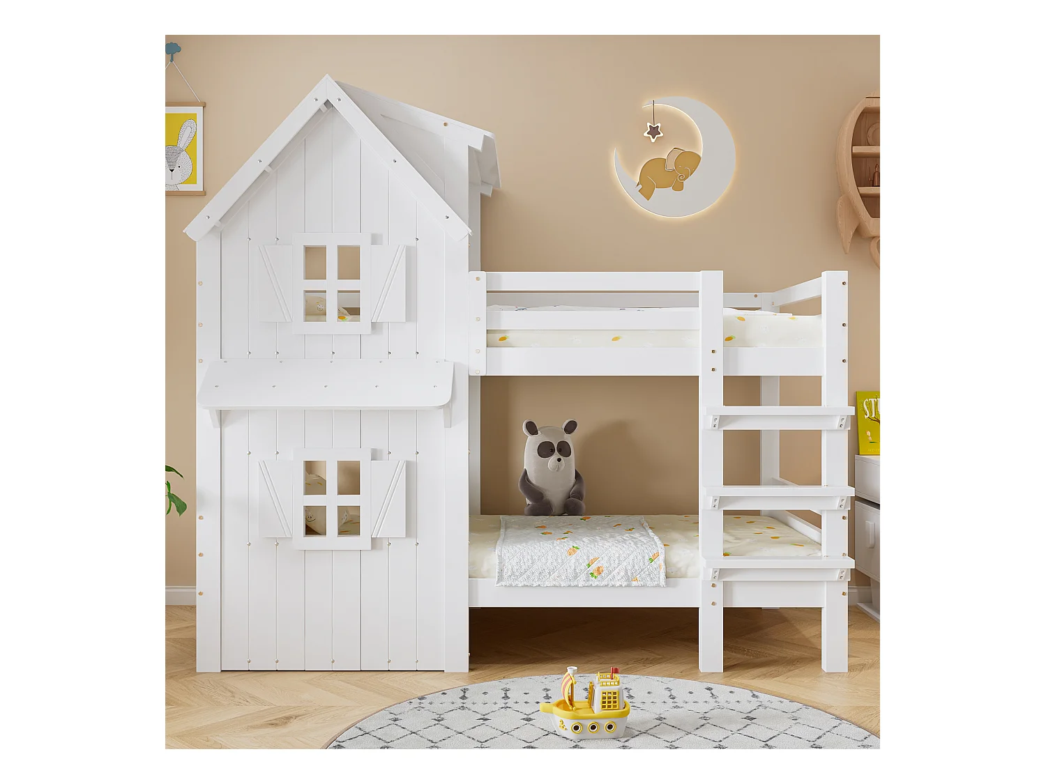 Letto a castello per bambini 90x200cm con finestra e barriera di sicurezza, pino + MDF, bianco