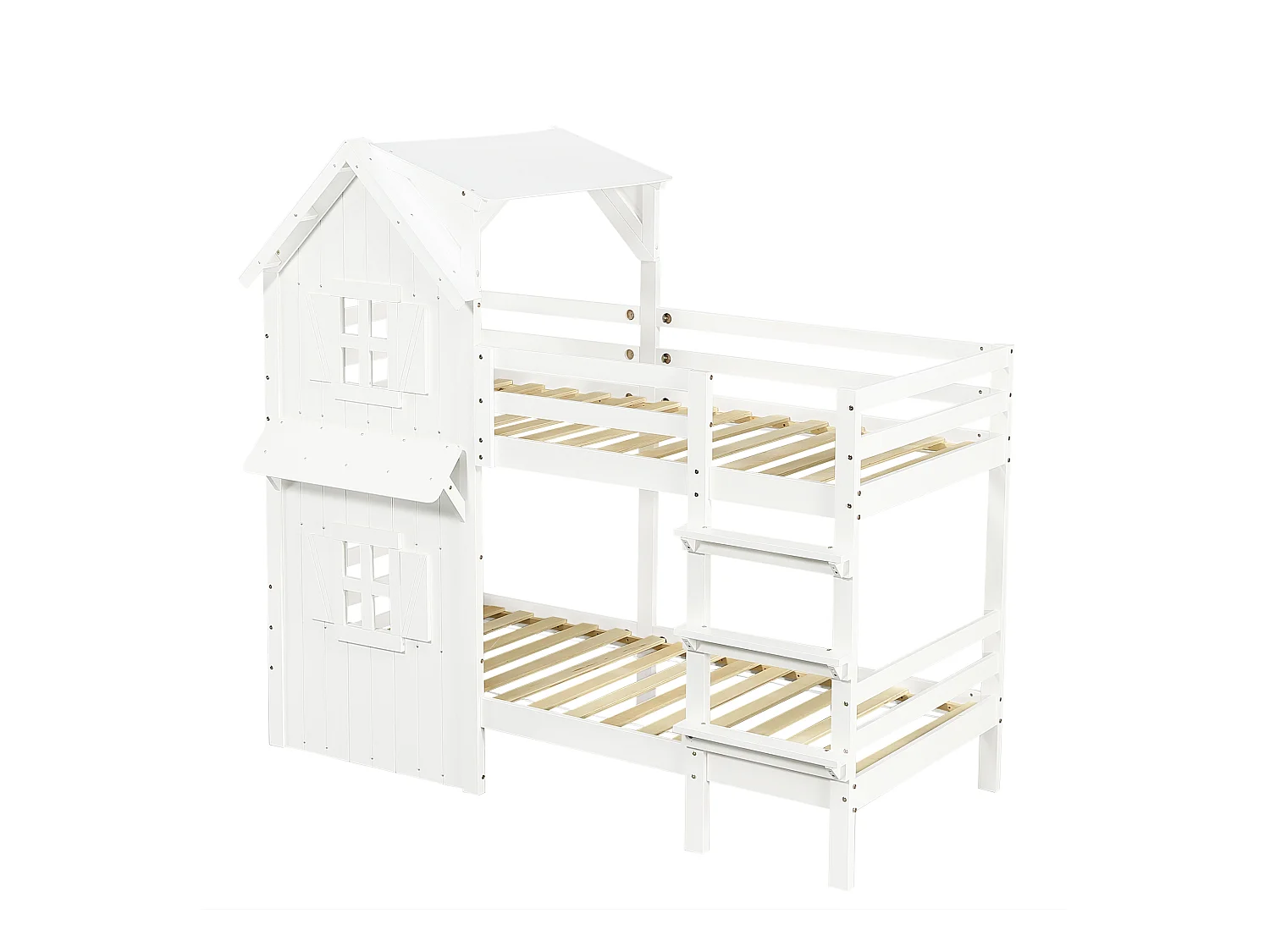 Letto a castello per bambini 90x200cm con finestra e barriera di sicurezza, pino + MDF, bianco