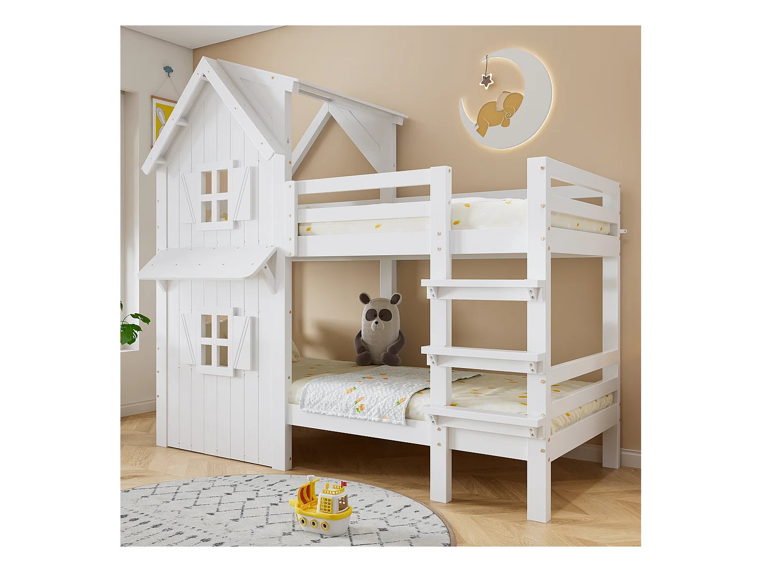 Letto a castello per bambini 90x200cm con finestra e barriera di sicurezza, pino + MDF, bianco