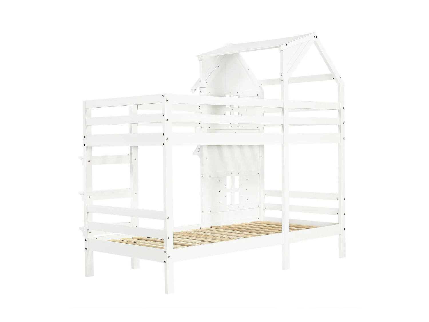 Letto a castello per bambini 90x200cm con finestra e barriera di sicurezza, pino + MDF, bianco