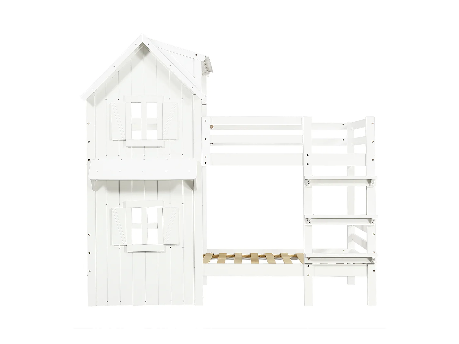 Letto a castello per bambini 90x200cm con finestra e barriera di sicurezza, pino + MDF, bianco
