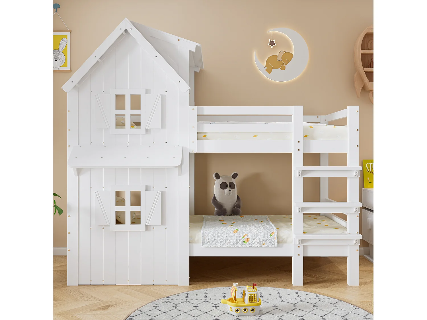 Lit superposé cabane enfant 90x200cm avec fenêtre et barrière de sécurité, pin + MDF, blanc
